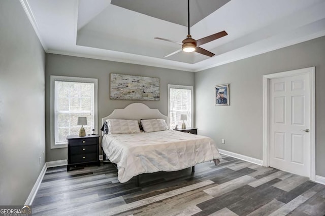 bedroom featuring a raised ceiling, baseboards, multiple windows, and wood finished floors