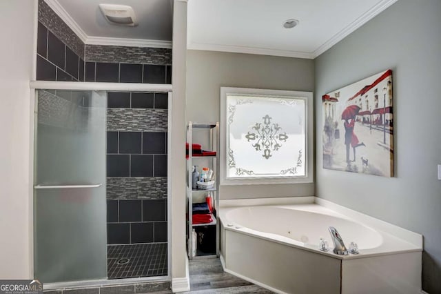full bath with a tub with jets, ornamental molding, and a stall shower