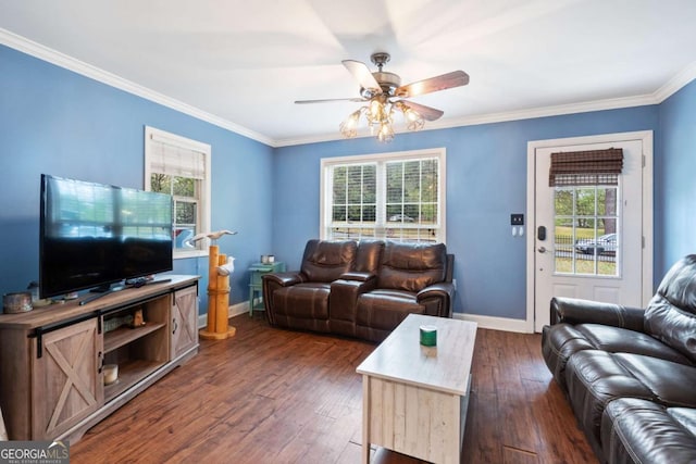 living room with dark wood-style flooring, ornamental molding, baseboards, and ceiling fan