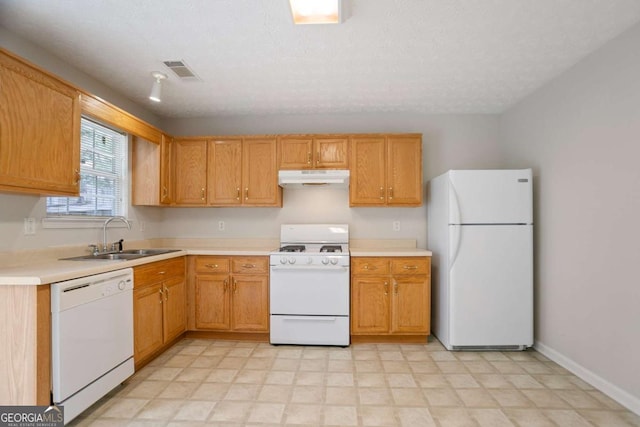 kitchen with light countertops, white appliances, under cabinet range hood, a sink, and visible vents