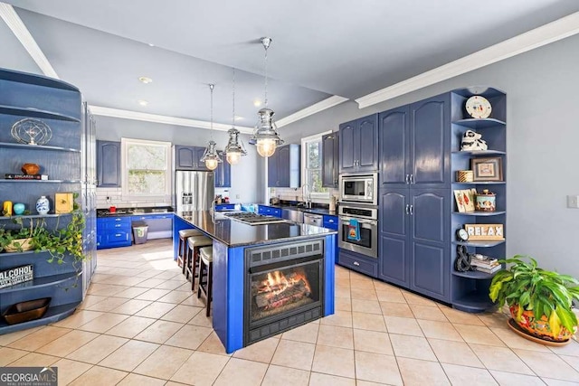 1768 Hood Rd, Dacula, GA 30019 - kitchen with stainless steel appliances, blue cabinetry, open shelves, dark countertops, and light tile patterned floors
