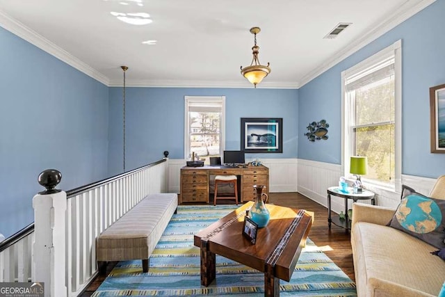 1768 Hood Rd, Dacula, GA 30019 - living area featuring ornamental molding, wood finished floors, and a wainscoted wall