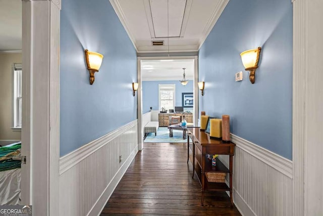 1768 Hood Rd, Dacula, GA 30019 - hall with crown molding, attic access, a wainscoted wall, and hardwood / wood-style floors