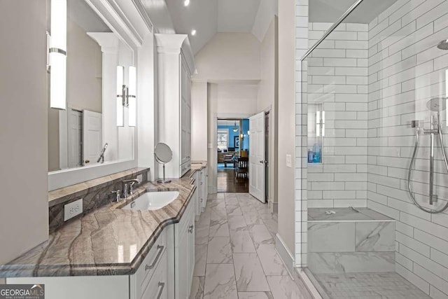 1768 Hood Rd, Dacula, GA 30019 - full bath featuring marble finish floors, a shower stall, and vanity