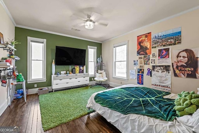 1768 Hood Rd, Dacula, GA 30019 - bedroom featuring ornamental molding, hardwood / wood-style floors, baseboards, and ceiling fan