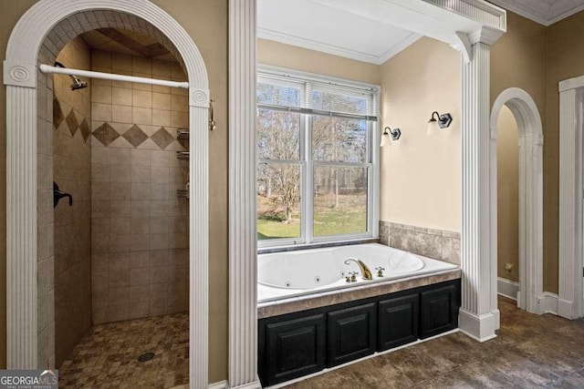 1768 Hood Rd, Dacula, GA 30019 - bathroom featuring a whirlpool tub, a tile shower, and crown molding