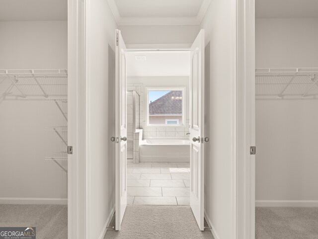 interior space featuring light carpet, baseboards, and ornamental molding