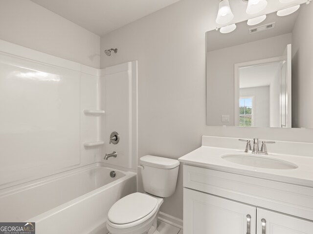 full bathroom featuring toilet, vanity, shower / tub combination, baseboards, and visible vents