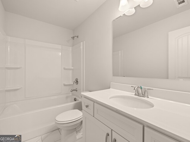 full bathroom featuring visible vents, toilet, vanity, and shower / bath combination