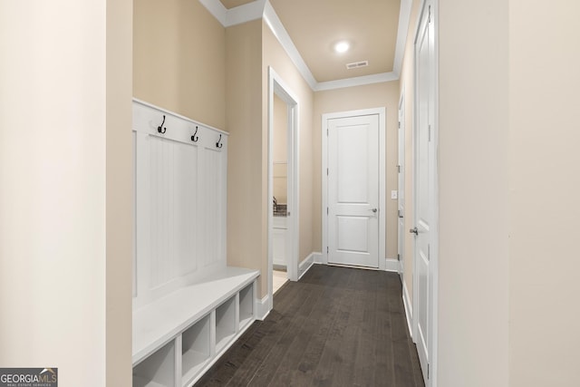mudroom featuring baseboards, visible vents, crown molding, and dark wood-type flooring