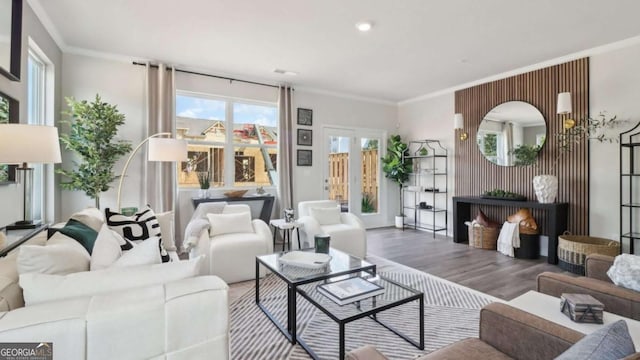 living room featuring wood finished floors and crown molding