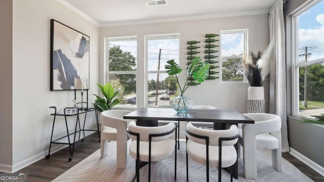 dining room featuring plenty of natural light, dark wood-style floors, and baseboards