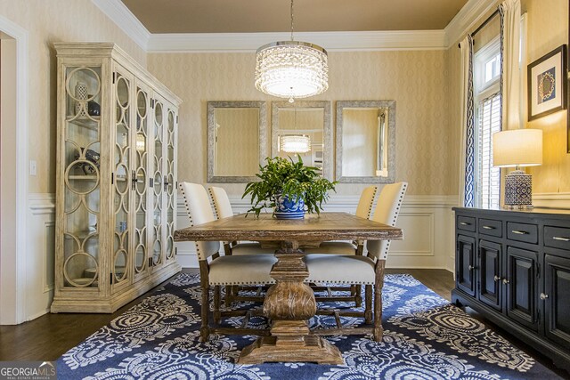 2 Palmer Dr NW, Rome, GA 30165 - dining room with wallpapered walls, ornamental molding, wainscoting, dark wood-style floors, and a chandelier