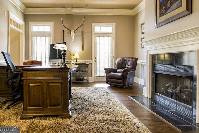 2 Palmer Dr NW, Rome, GA 30165 - home office with a tile fireplace, crown molding, plenty of natural light, and dark wood-style floors