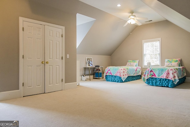 2 Palmer Dr NW, Rome, GA 30165 - carpeted bedroom featuring lofted ceiling, a closet, and a ceiling fan