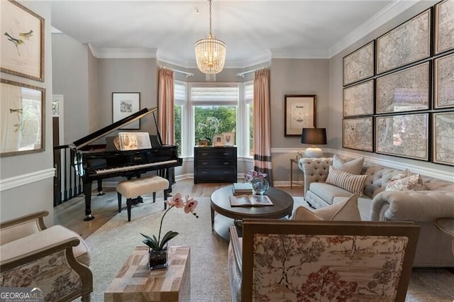 2630 Milford Ln, Alpharetta, GA 30009 - living area featuring a chandelier, ornamental molding, and wood finished floors