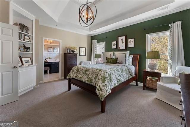 2630 Milford Ln, Alpharetta, GA 30009 - carpeted bedroom with a chandelier, a raised ceiling, crown molding, and connected bathroom