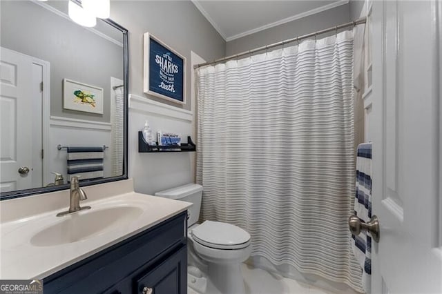 2630 Milford Ln, Alpharetta, GA 30009 - bathroom featuring ornamental molding, vanity, and a shower with curtain
