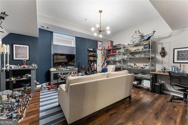 2630 Milford Ln, Alpharetta, GA 30009 - living area with wood finished floors, a chandelier, and a desk