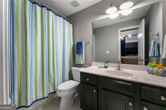 2630 Milford Ln, Alpharetta, GA 30009 - full bathroom featuring vanity, a shower with shower curtain, and tile patterned flooring