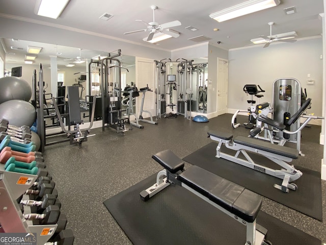 2630 Milford Ln, Alpharetta, GA 30009 - gym featuring a ceiling fan and crown molding