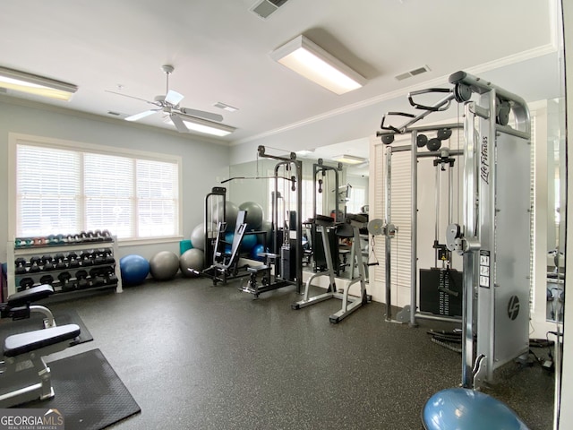2630 Milford Ln, Alpharetta, GA 30009 - exercise room with crown molding and a ceiling fan