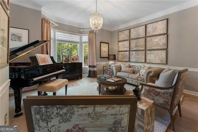 2630 Milford Ln, Alpharetta, GA 30009 - living area with a chandelier, wood finished floors, and crown molding