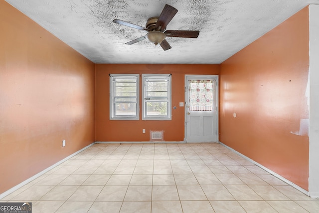 interior space with visible vents, a textured ceiling, and ceiling fan