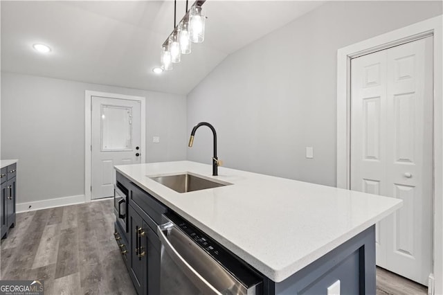 358 Roy St SW, Atlanta, GA 30310 - kitchen with a sink, stainless steel dishwasher, wood finished floors, light countertops, and vaulted ceiling