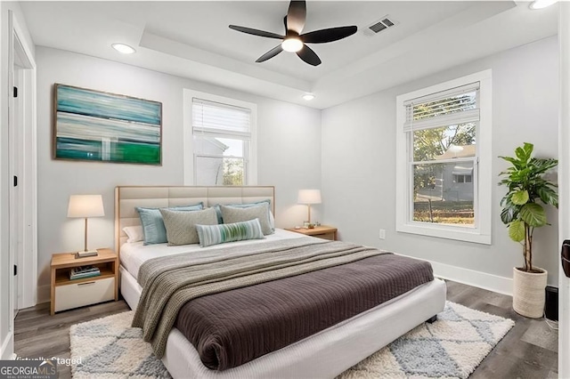 358 Roy St SW, Atlanta, GA 30310 - bedroom with wood finished floors, baseboards, recessed lighting, a raised ceiling, and a ceiling fan