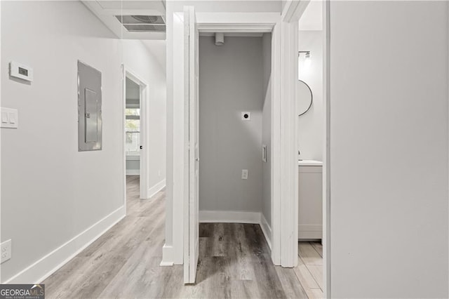 358 Roy St SW, Atlanta, GA 30310 - corridor featuring electric panel, light wood-style flooring, and baseboards