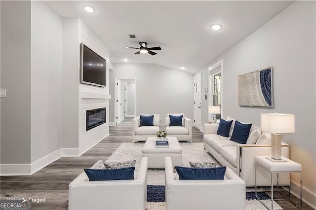 358 Roy St SW, Atlanta, GA 30310 - living room with ceiling fan, recessed lighting, baseboards, wood finished floors, and a glass covered fireplace