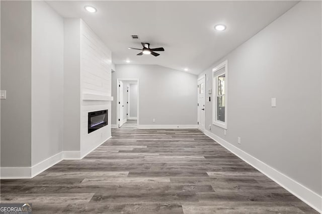 358 Roy St SW, Atlanta, GA 30310 - unfurnished living room featuring ceiling fan, recessed lighting, a large fireplace, dark wood finished floors, and lofted ceiling