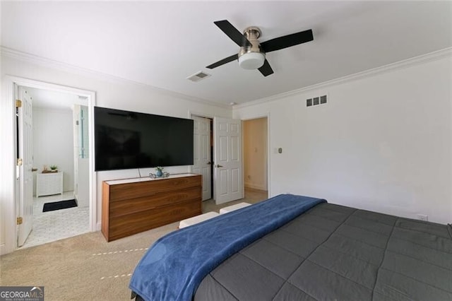3811 Valley Green Dr, Marietta, GA 30068 - bedroom featuring ornamental molding, ceiling fan, and light colored carpet