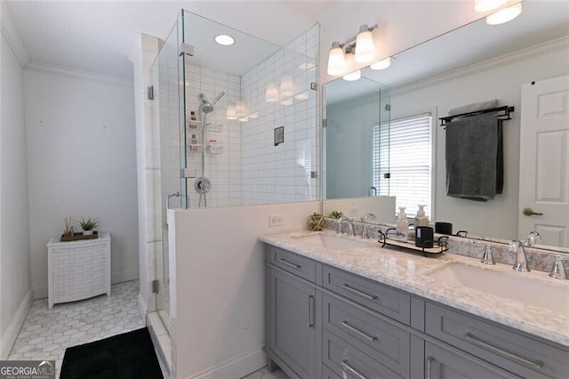 3811 Valley Green Dr, Marietta, GA 30068 - bathroom with crown molding, a stall shower, double vanity, baseboards, and tile patterned floors