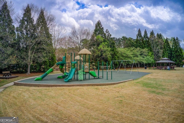 community playground with a lawn and a gazebo
