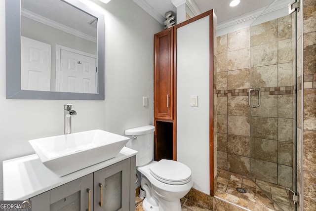 292 Old Rosser Rd, Stone Mountain, GA 30087 - bathroom featuring stone finish floor, a shower stall, vanity, toilet, and ornamental molding