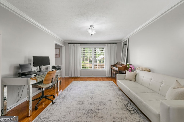 292 Old Rosser Rd, Stone Mountain, GA 30087 - office space with baseboards, a textured ceiling, ornamental molding, and wood finished floors