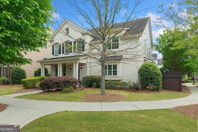 traditional-style house with roof with shingles and a front yard
