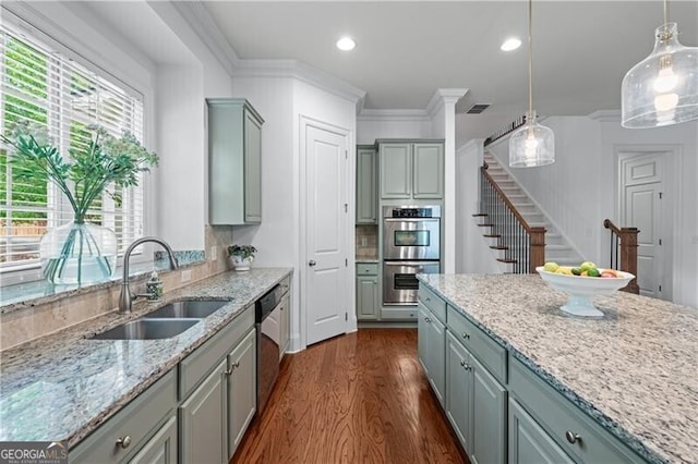 715 Saybeck Way, Milton, GA 30004 - kitchen with gray cabinets, a sink, stainless steel appliances, dark wood-style flooring, and light stone countertops