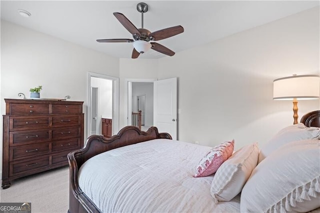 715 Saybeck Way, Milton, GA 30004 - bedroom with light colored carpet, a ceiling fan, and ensuite bath