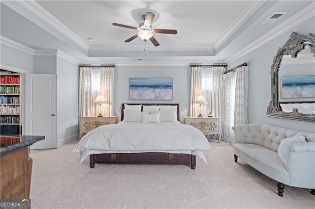715 Saybeck Way, Milton, GA 30004 - bedroom with a raised ceiling, light carpet, crown molding, a ceiling fan, and baseboards