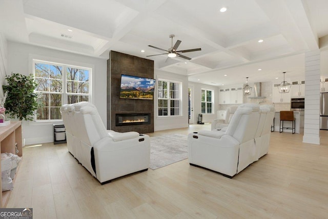 4980 Wildeoak Trl, Douglasville, GA 30135 - living area with light wood finished floors, coffered ceiling, a fireplace, and ceiling fan