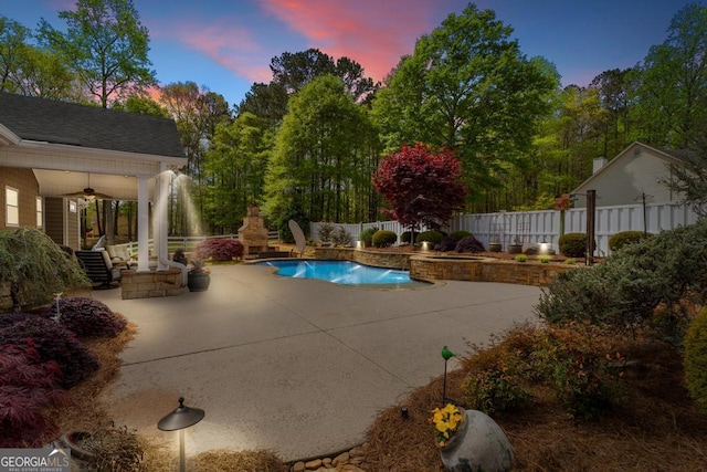 155 Duncans Mill Dr, Locust Grove, GA 30248 - view of pool with a pool with connected hot tub, a ceiling fan, a fireplace, fence, and a patio