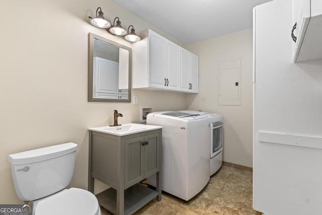 155 Duncans Mill Dr, Locust Grove, GA 30248 - clothes washing area with electric panel, baseboards, laundry area, a sink, and washer and clothes dryer