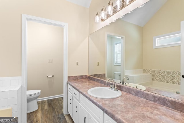 155 Duncans Mill Dr, Locust Grove, GA 30248 - bathroom with toilet, vanity, wood finished floors, lofted ceiling, and a bath