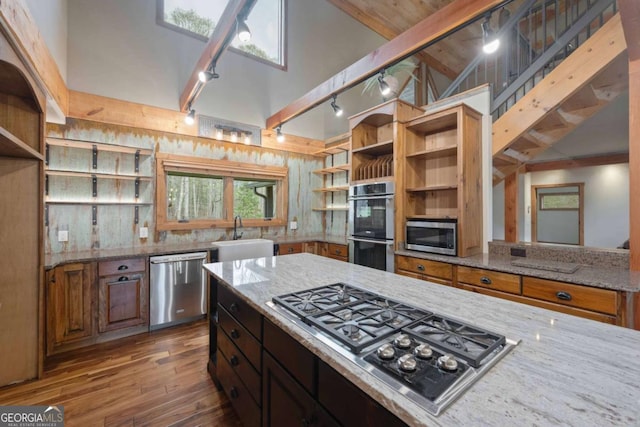142 Holland Dam Dr, Maysville, GA 30558 - kitchen with a sink, open shelves, light stone countertops, wood finished floors, and appliances with stainless steel finishes