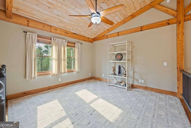 142 Holland Dam Dr, Maysville, GA 30558 - interior space with lofted ceiling, wooden ceiling, baseboards, carpet floors, and ceiling fan