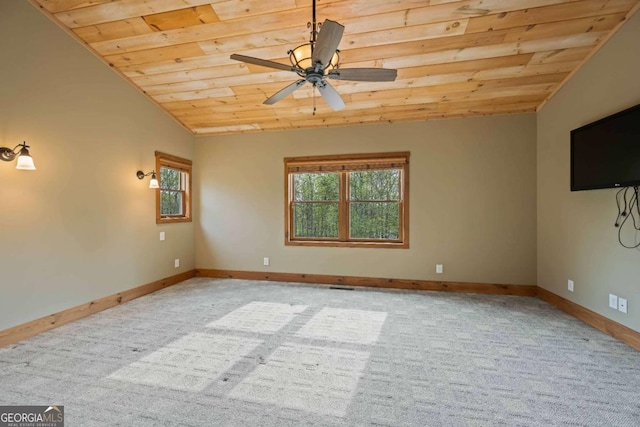 142 Holland Dam Dr, Maysville, GA 30558 - carpeted empty room with baseboards, vaulted ceiling, wooden ceiling, and ceiling fan
