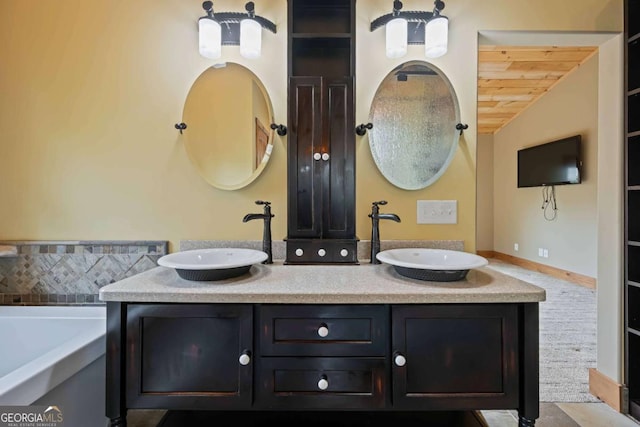 142 Holland Dam Dr, Maysville, GA 30558 - bathroom with wood ceiling, double vanity, a sink, and a bath